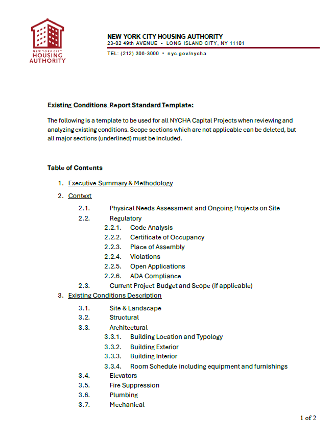 Existing Conditions Report TOC